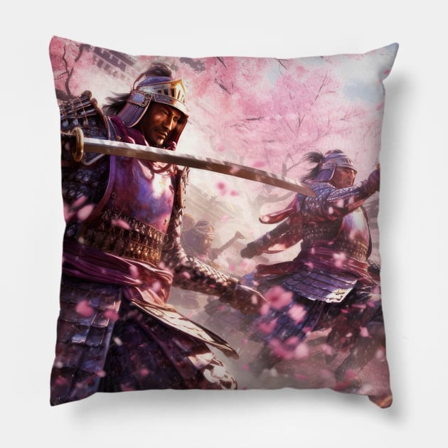 Samurai Sakura Symphony: A Harmonious Ode to Honor Pillow by MerlinArt