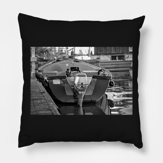 Small motorboat on the Norfolk Broads, UK Pillow by yackers1