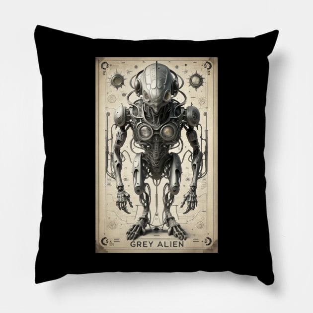 Mechanical steampunk grey alien Pillow by VioletAndOberon