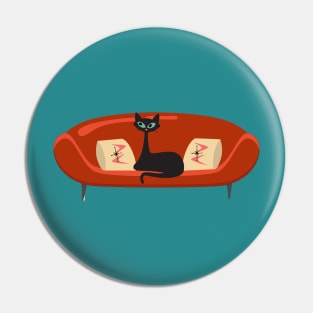 Mid Century Cat Relaxing on a Red MCM Sofa Pin