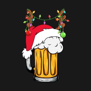 Beer Reindeer Santa Hat Funny Beer Lover Christmas T-Shirt