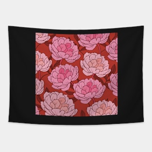 The pink peonies in a lovely pattern on a red background Tapestry