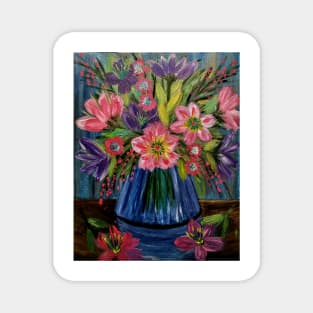 Beautiful floral paintings with abstract flowers in a blue vase Magnet