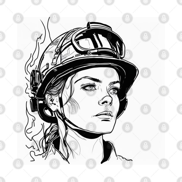 Black and white portrait line art of female firefighter by Danielleroyer