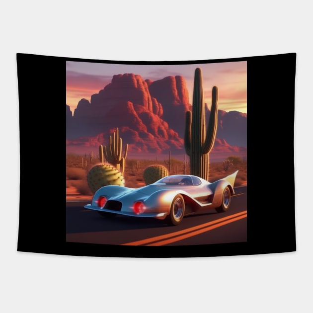 A Retro-Futuristic Racing Car Travelling Through The Arizona Desert At Dusk. Tapestry by Musical Art By Andrew