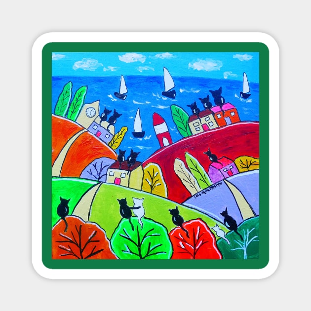 Cats on colourful roofs looking at sailing boats Magnet by Casimirasquirkyart