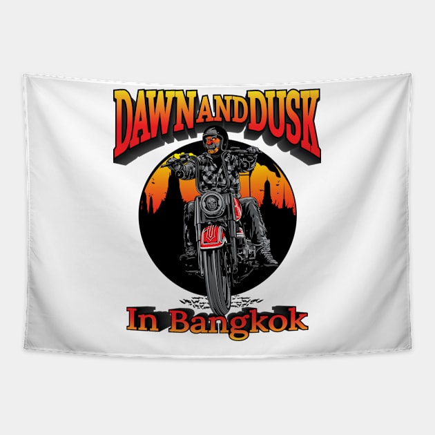 Dawn and Dusk in Bangkok,Thailand,yaksha biker illustration Tapestry by Lekrock Shop