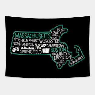 Massachusetts Boston cute map Salem Lowell Lawrence Lynn Worcester Springfield Tapestry