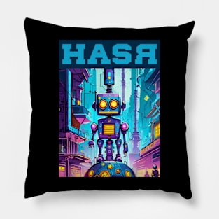 Cyberpunk Robot with Cyberpunk Building View Pillow