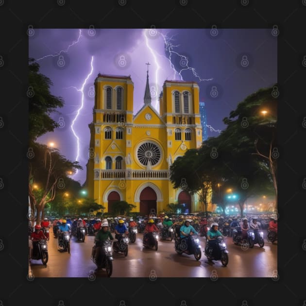 Iconic World Landmarks During A Thunderstorm: Norte Dame Cathedral Saigon by Musical Art By Andrew