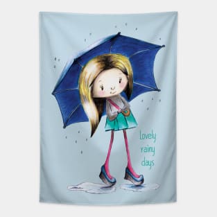 Cute girl in the rain with an umbrella Tapestry