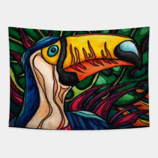 Colorful toucan bird painting, maximalist jungle art Tapestry