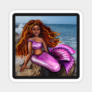 Mermaid with red braids relaxing on the rocks  with brown eyes, flowing Afro hair and caramel brown skin Magnet