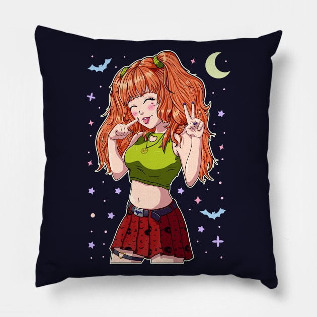 Cute Anime Girl Redhead Pillow by Dener Queiroz