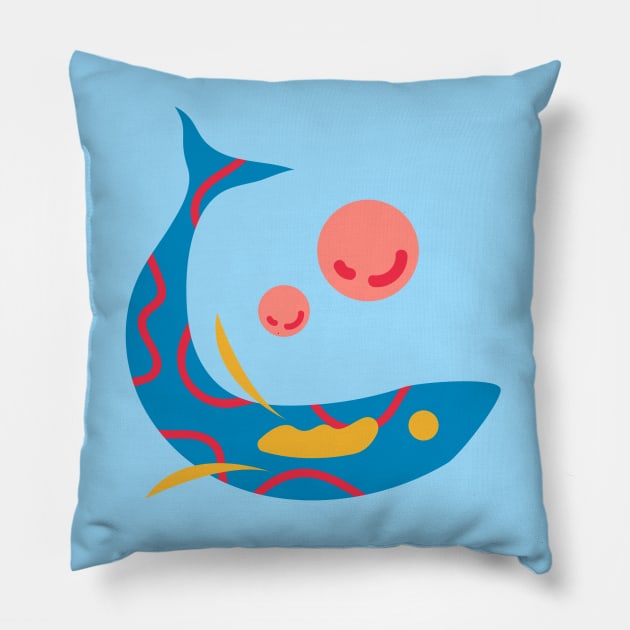 Blue Fish With Bubbles Pillow by blueberrytheta