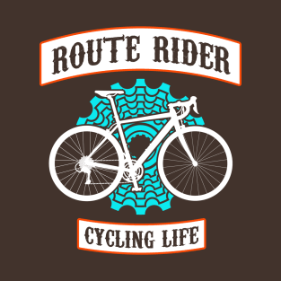 Route rider, cycling life art with blue back cassette or back pinion and white route bycicle T-Shirt