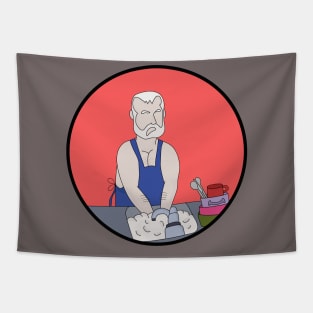 Elderly man washing the dishes Tapestry