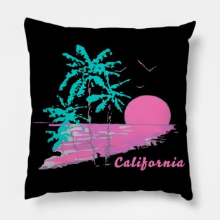 California Dreaming Bright Sunrise or Sunset Over the Beach and Ocean with Palm Trees and Birds Pillow
