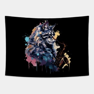 Maine Coon Cat Playing Saxophone Tapestry