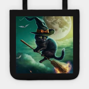 Magical Cat Flying on Her Broomstick Tote