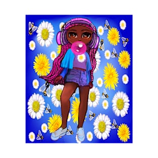 Beautiful Brown skin African American girl with Afro hair in 2 puffs blowing bubblegum and wearing headphones listening to music. Black girls rock, black girl magic,melanin poppin queen anime girl drawn in manga style T-Shirt