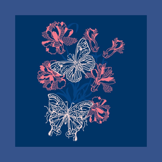 Blue and Pink Butterflies and Flowers by Carolina Díaz