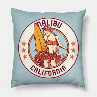 Vintage Surfing Badge for Malibu, California Pillow