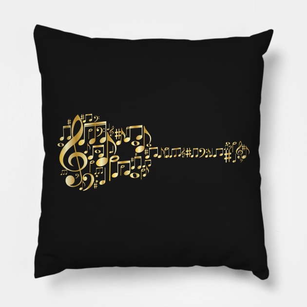 Creative Guitar Art - Acoustic Guitar In Metallic Music Notes - Gold Pillow by WIZECROW