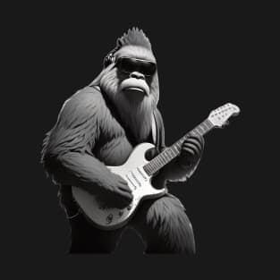 Bigfoot Playing Guitar Rock and Roll Sasquatch Black & White T-Shirt