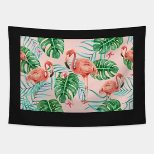 Flamingos and Monstera Leafs Tapestry