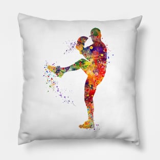 Baseball Pitcher Boy Colorful Watercolor Silhouette Pillow