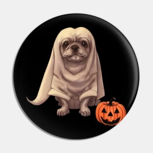 Spooky Halloween Ghost Puppy Fluffy French Bulldog Puppy with Pumpkin Pin