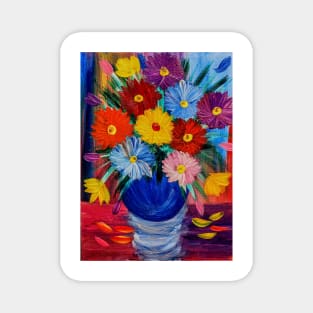 Some fun and colorful abstract flowers in glass vase set against a multi color background. Magnet