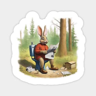 Rabbit sitting on a toilet reading a newspaper Magnet