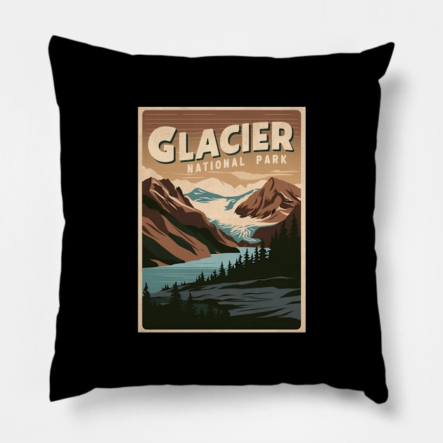 Retro Glacier National Park Pillow by Perspektiva