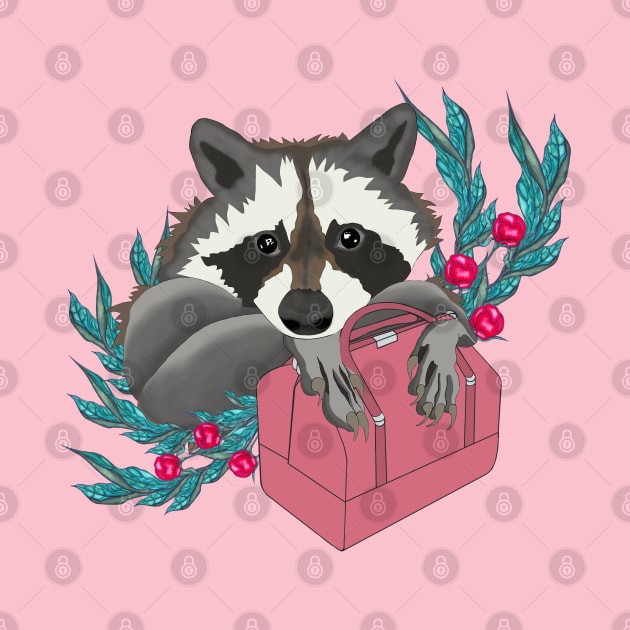 Fashionable raccoon with pink bag and flowers by KateQR