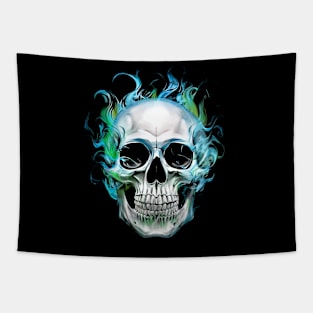 Skull in blue green flame Tapestry