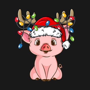 Pig With Santa Hat Reindeer Antlers Christmas Lights T-Shirt