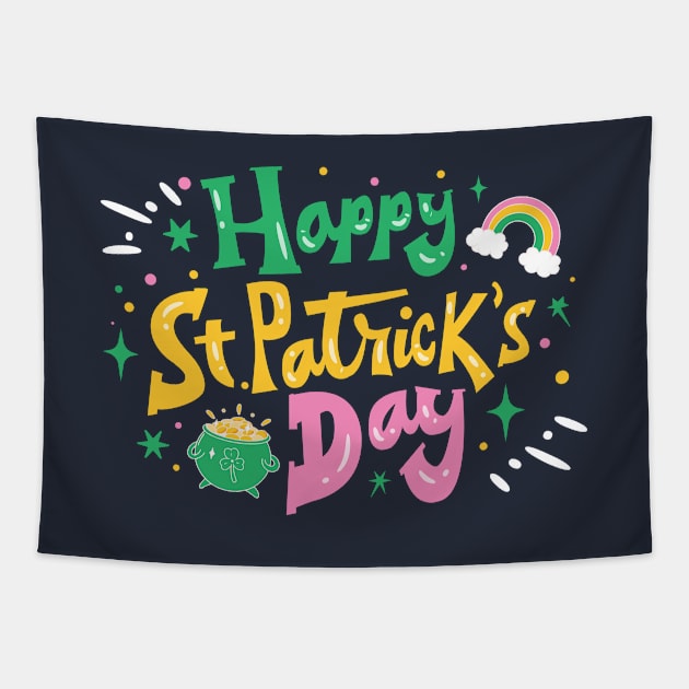 Colorful Happy St. Patrick's Day with Rainbow and Pot of Gold Tapestry by SLAG_Creative