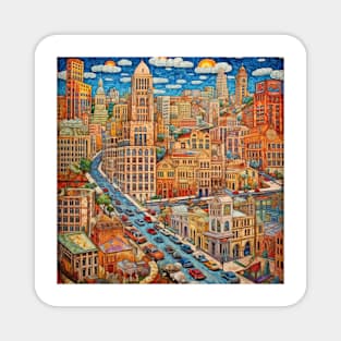 Road Through Urban Folk Art Cityscape Magnet