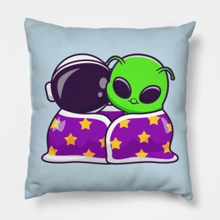 Cute Astronaut And Alien Wearing Blanket Together Cartoon Pillow