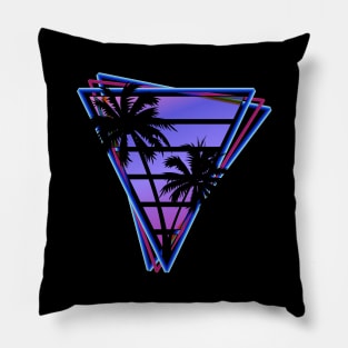 Retrowave style palm tree sunset Stormy Blue Pillow