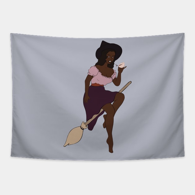 Beautiful Black Witch Flying On Her Magic Broom Tapestry by SkullFern