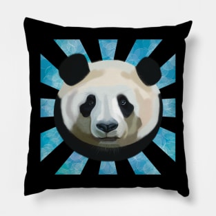 Striking Panda bear on Blue Bubble patterned rays Pillow