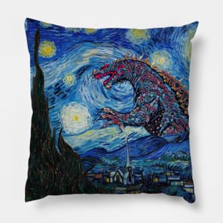 Godzilla in a Starry Night Van Gogh Masterpiece Pillow