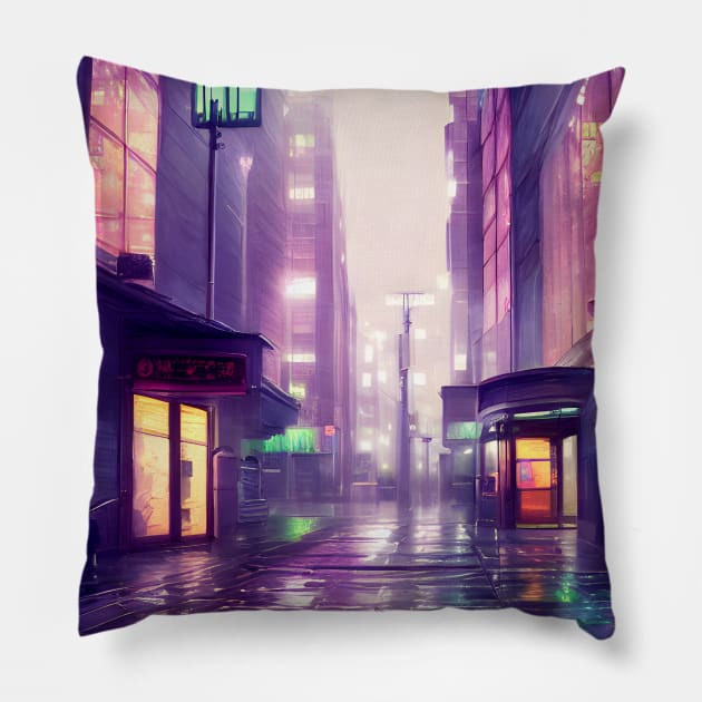 Lofi Aesthetic Rainy Japanese City Art Pillow by ichewsyou