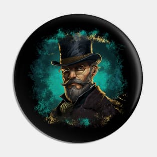 Vintage Design Illustration - Distinguished Gentleman in Glasses, Mustache, and Beard, Wearing a Suit with a Top Hat, Against a Turquoise Background. Pin