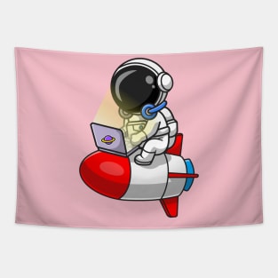 Cute Astronaut Working With Laptop On Rocket Cartoon Tapestry