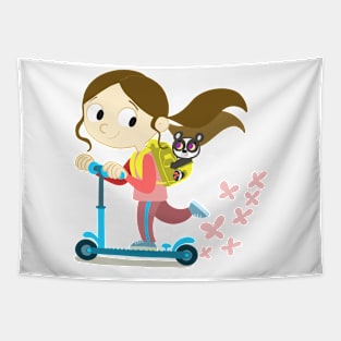 girl on a scooter with a backpack on her back Tapestry