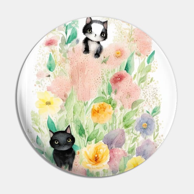 Black Cats in the Flower Garden Soft Pastel Colors Pin by Stades